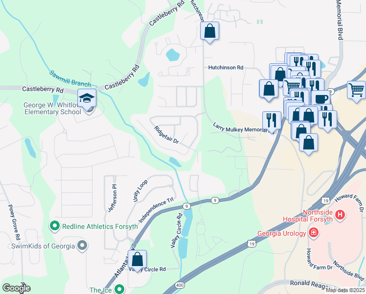 map of restaurants, bars, coffee shops, grocery stores, and more near 4620 Ridgefair Drive in Cumming