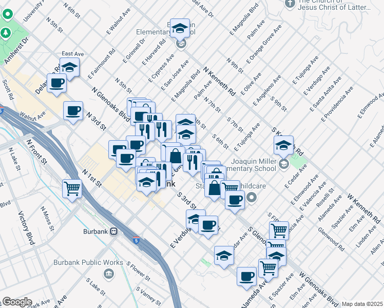 map of restaurants, bars, coffee shops, grocery stores, and more near 540 East Angeleno Avenue in Burbank