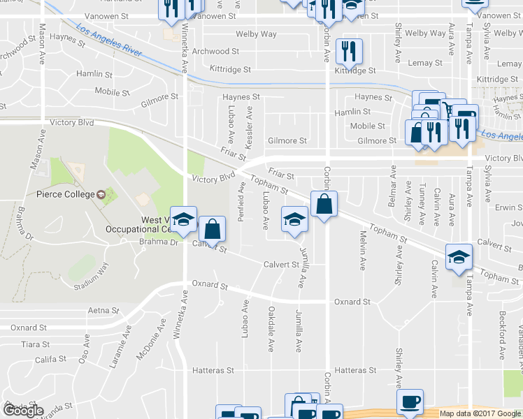 map of restaurants, bars, coffee shops, grocery stores, and more near 6253 Lubao Avenue in Woodland Hills