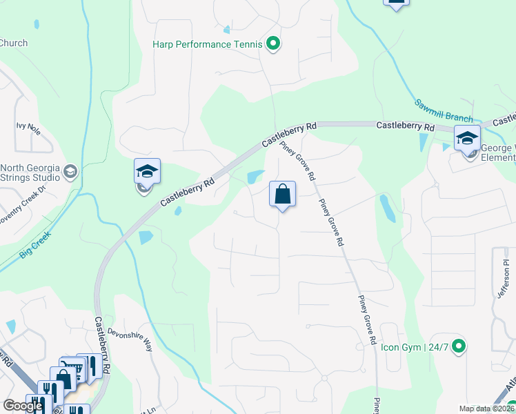 map of restaurants, bars, coffee shops, grocery stores, and more near 4965 Kings Common Way in Cumming