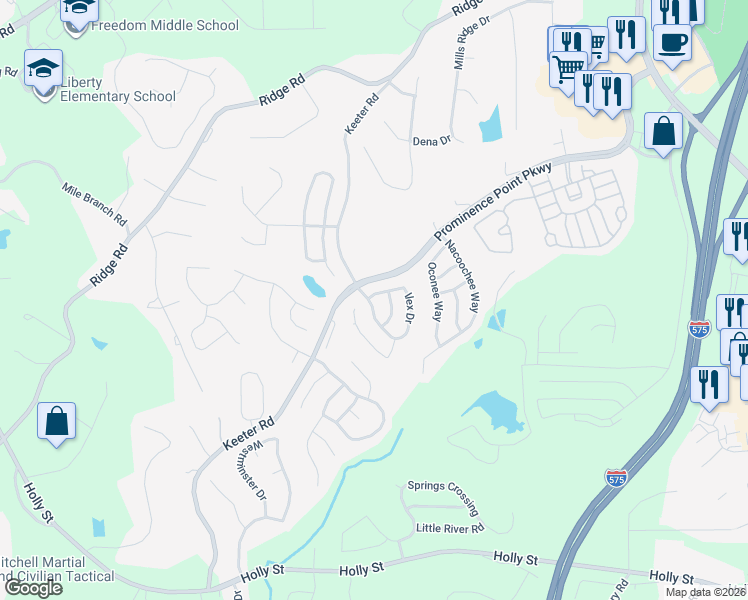 map of restaurants, bars, coffee shops, grocery stores, and more near 165 Ilex Drive in Canton