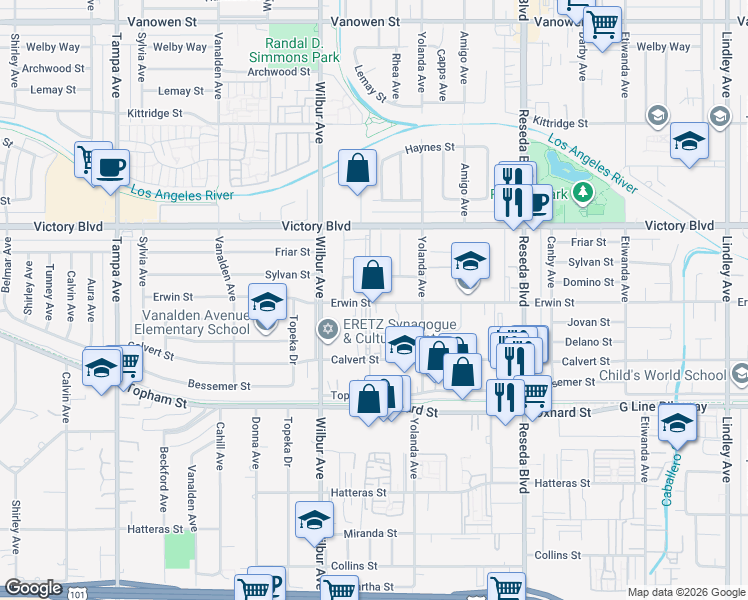 map of restaurants, bars, coffee shops, grocery stores, and more near 18756 Erwin Street in Los Angeles