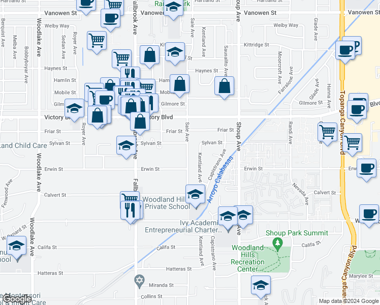 map of restaurants, bars, coffee shops, grocery stores, and more near 6228 Sale Avenue in Los Angeles