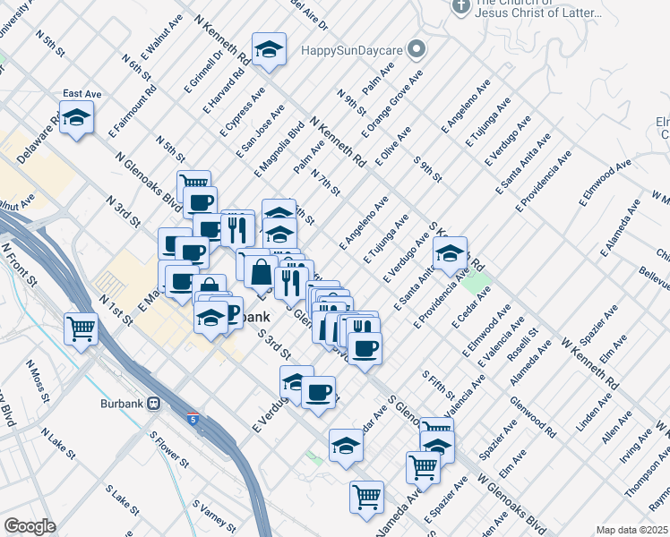 map of restaurants, bars, coffee shops, grocery stores, and more near 540 East Angeleno Avenue in Burbank