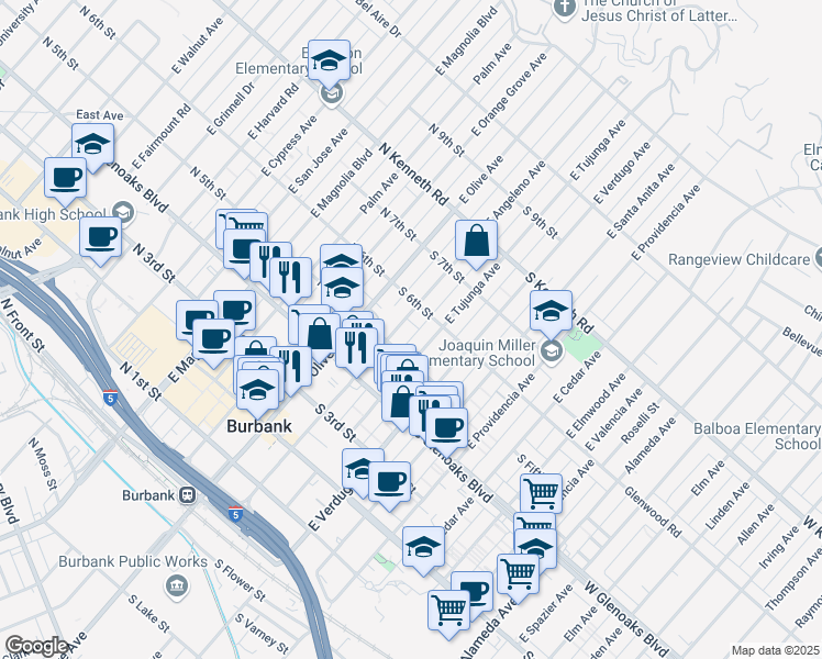 map of restaurants, bars, coffee shops, grocery stores, and more near 540 East Angeleno Avenue in Burbank