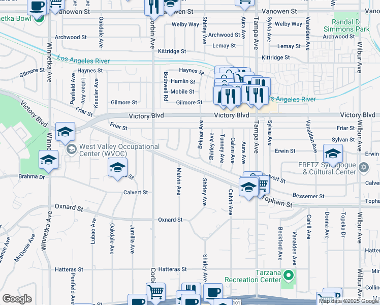 map of restaurants, bars, coffee shops, grocery stores, and more near Calvert Street in Los Angeles