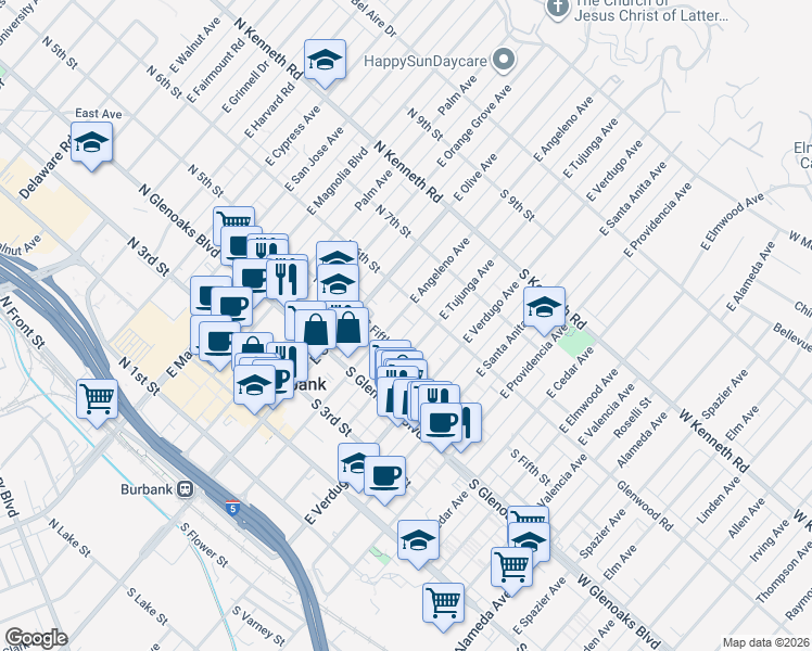 map of restaurants, bars, coffee shops, grocery stores, and more near 540 East Angeleno Avenue in Burbank