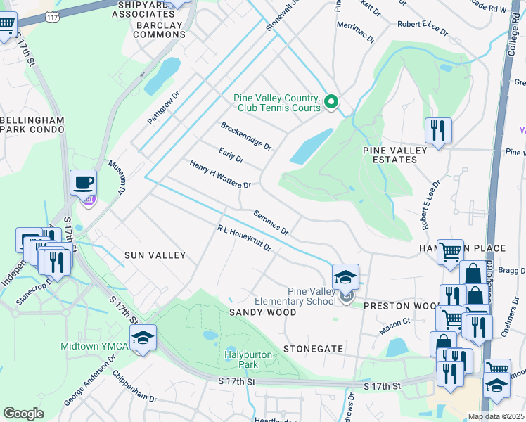 map of restaurants, bars, coffee shops, grocery stores, and more near 373 Semmes Drive in Wilmington
