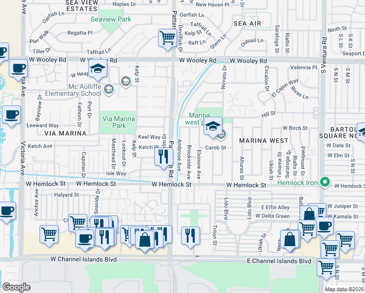 map of restaurants, bars, coffee shops, grocery stores, and more near 1530 Ambrose Avenue in Oxnard