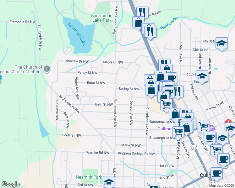 map of restaurants, bars, coffee shops, grocery stores, and more near 710 Rosemont Avenue Northwest in Cullman