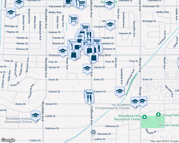 map of restaurants, bars, coffee shops, grocery stores, and more near 6243 Fallbrook Avenue in Los Angeles