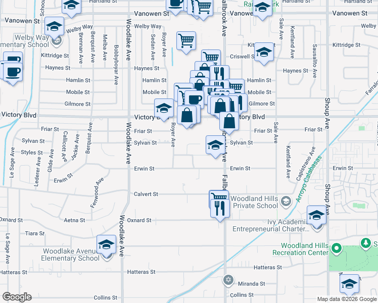 map of restaurants, bars, coffee shops, grocery stores, and more near 22925 Styles Street in Los Angeles