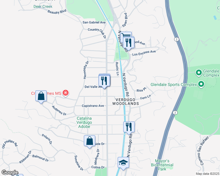 map of restaurants, bars, coffee shops, grocery stores, and more near 1700 Del Valle Avenue in Glendale