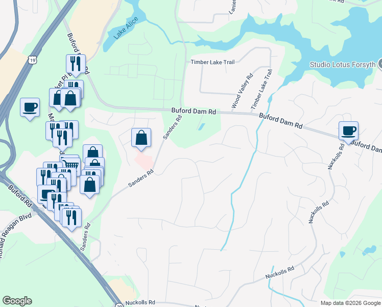 map of restaurants, bars, coffee shops, grocery stores, and more near 1035 Grove Park Lane in Cumming