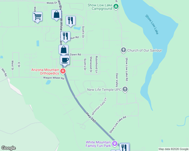 map of restaurants, bars, coffee shops, grocery stores, and more near 5056 Mountain Gate Circle in Pinetop-Lakeside