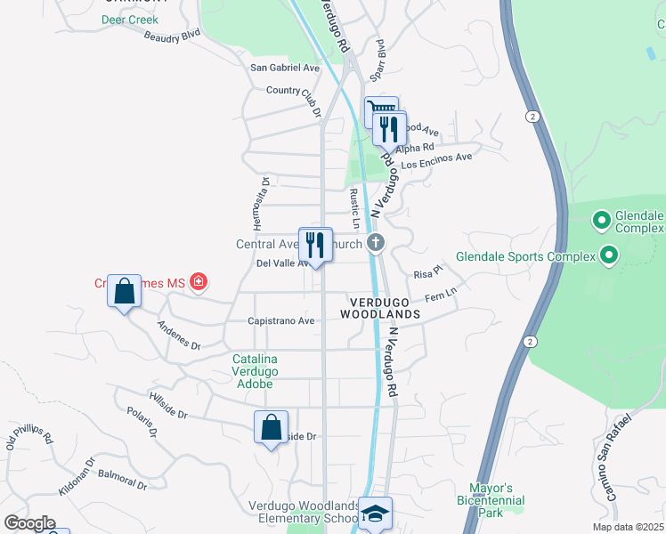 map of restaurants, bars, coffee shops, grocery stores, and more near 2506 Cañada Boulevard in Glendale