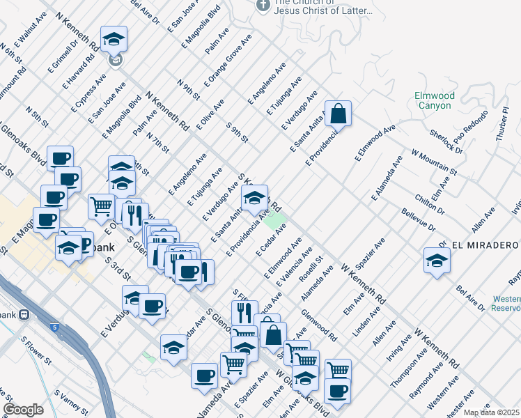 map of restaurants, bars, coffee shops, grocery stores, and more near 711 East Providencia Avenue in Burbank