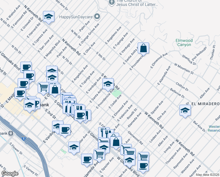 map of restaurants, bars, coffee shops, grocery stores, and more near 711 East Providencia Avenue in Burbank
