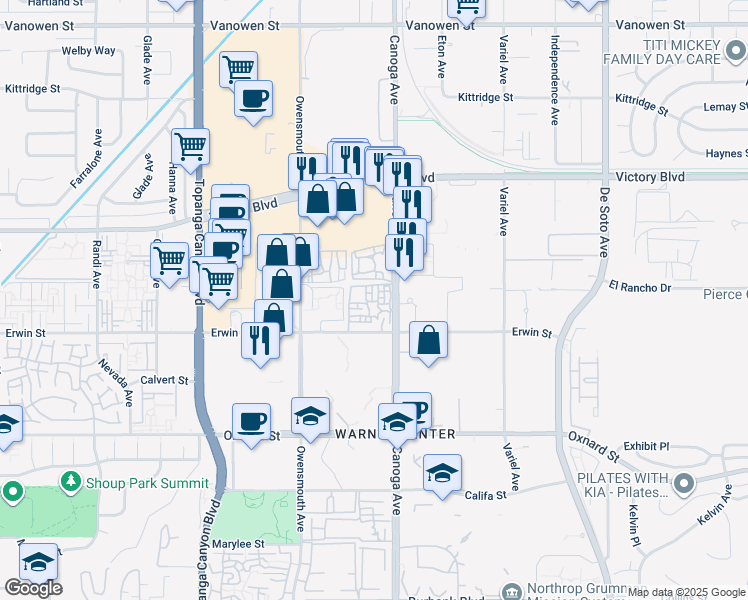 map of restaurants, bars, coffee shops, grocery stores, and more near 21545 Erwin Street in Los Angeles