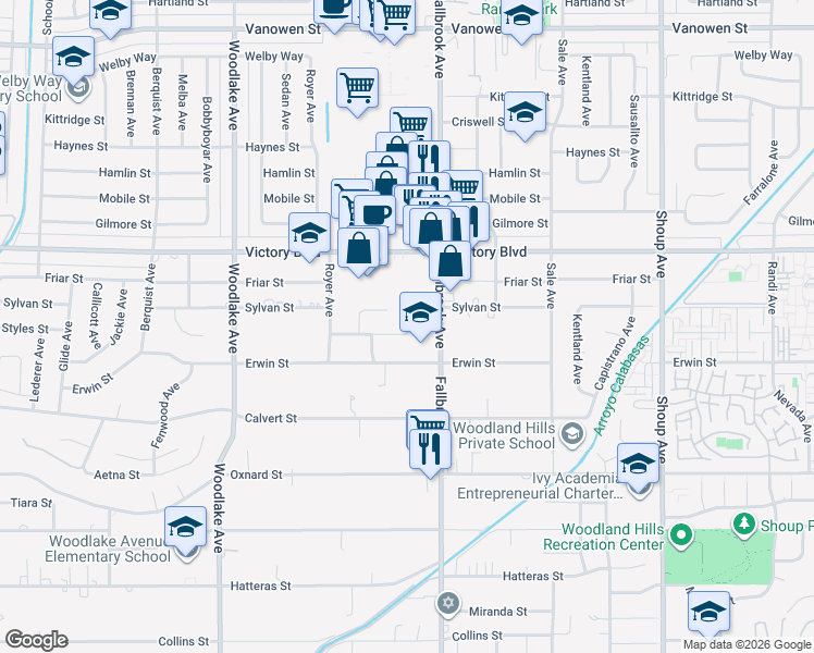 map of restaurants, bars, coffee shops, grocery stores, and more near 22828 Styles Street in Los Angeles