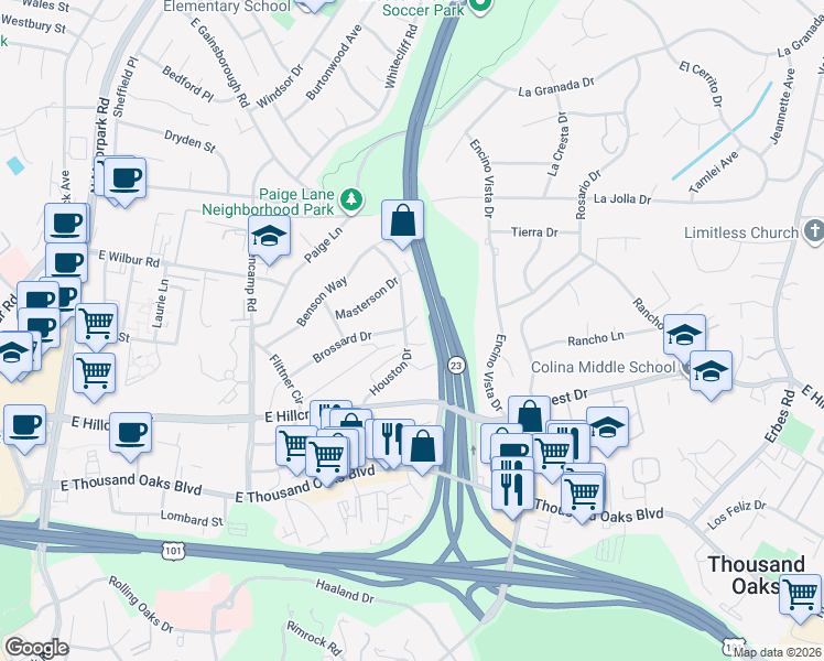 map of restaurants, bars, coffee shops, grocery stores, and more near 342 Houston Drive in Thousand Oaks