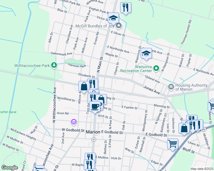 map of restaurants, bars, coffee shops, grocery stores, and more near Henry St in Marion