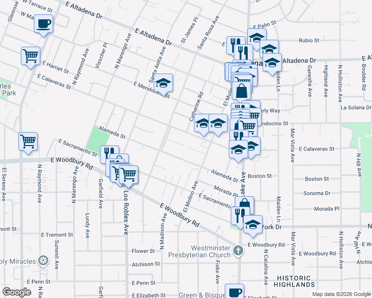 map of restaurants, bars, coffee shops, grocery stores, and more near 672 Colman Street in Altadena