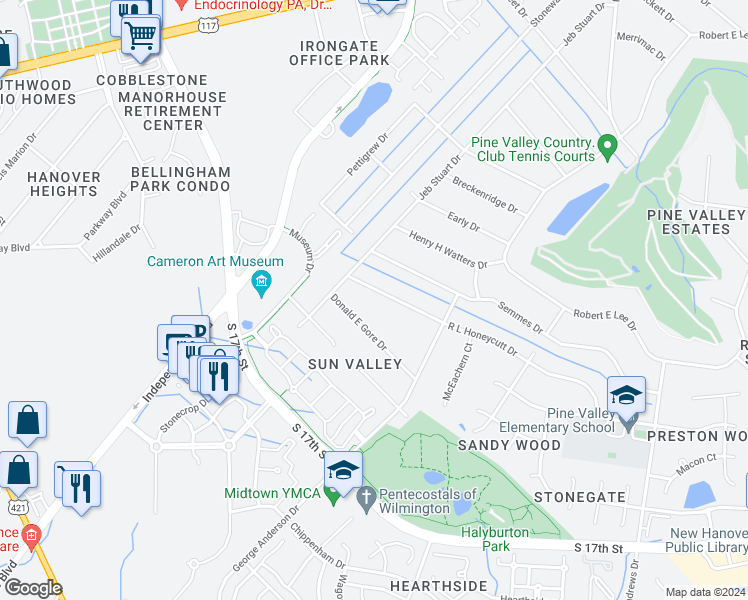 map of restaurants, bars, coffee shops, grocery stores, and more near 314 Rl Honeycutt Drive in Wilmington