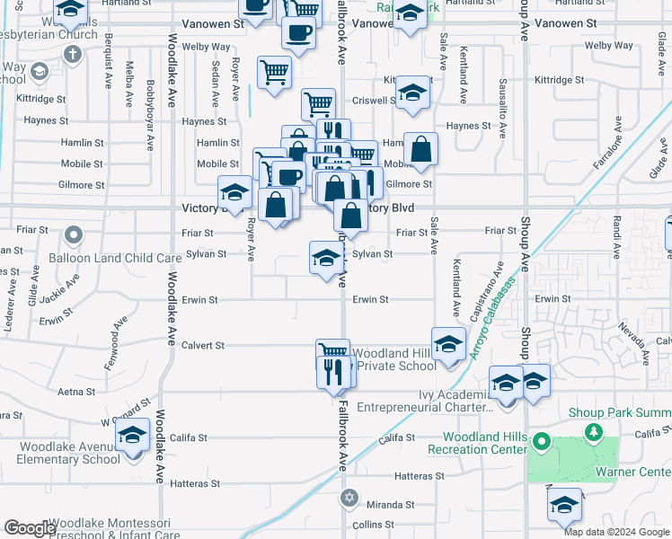map of restaurants, bars, coffee shops, grocery stores, and more near 6243 Fallbrook Avenue in Los Angeles