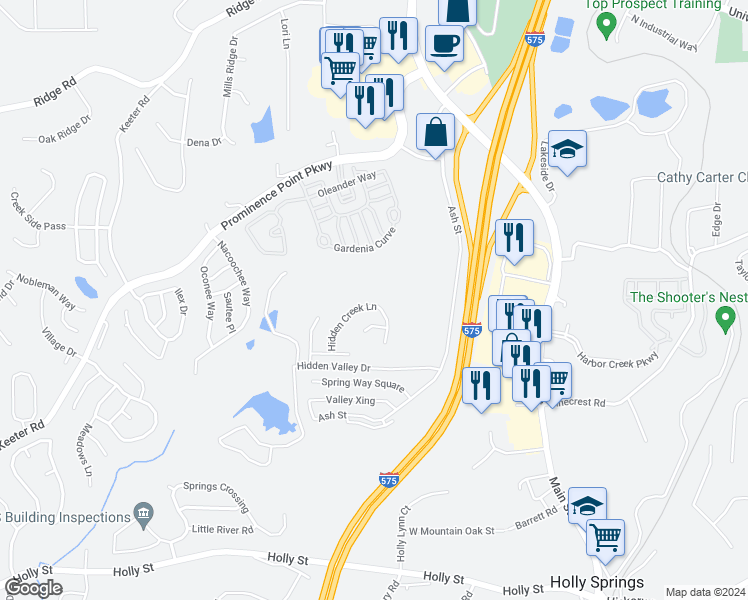 map of restaurants, bars, coffee shops, grocery stores, and more near 349 Hidden Creek Lane in Canton
