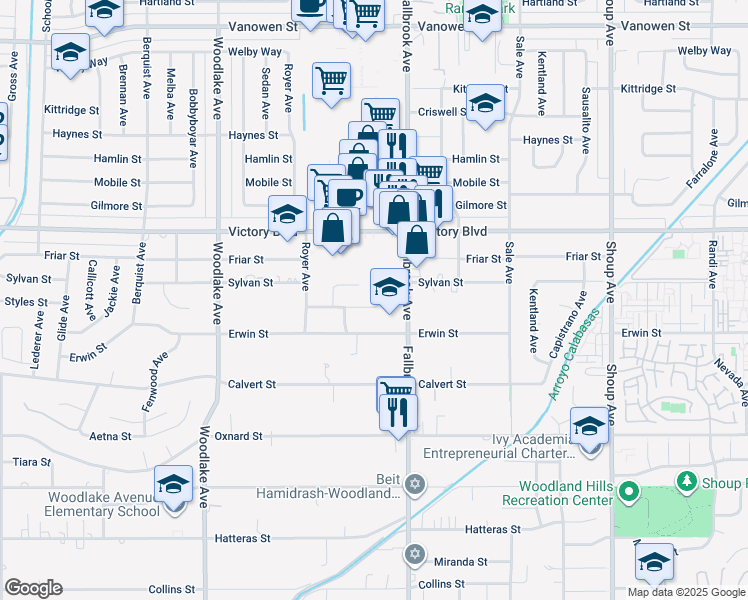 map of restaurants, bars, coffee shops, grocery stores, and more near 22835 Styles Street in Los Angeles