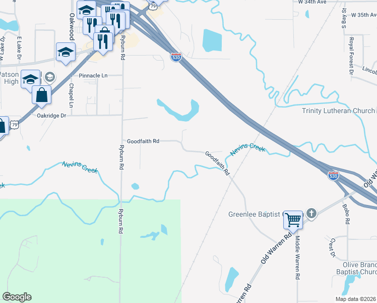 map of restaurants, bars, coffee shops, grocery stores, and more near 4904 Goodfaith Road in Pine Bluff