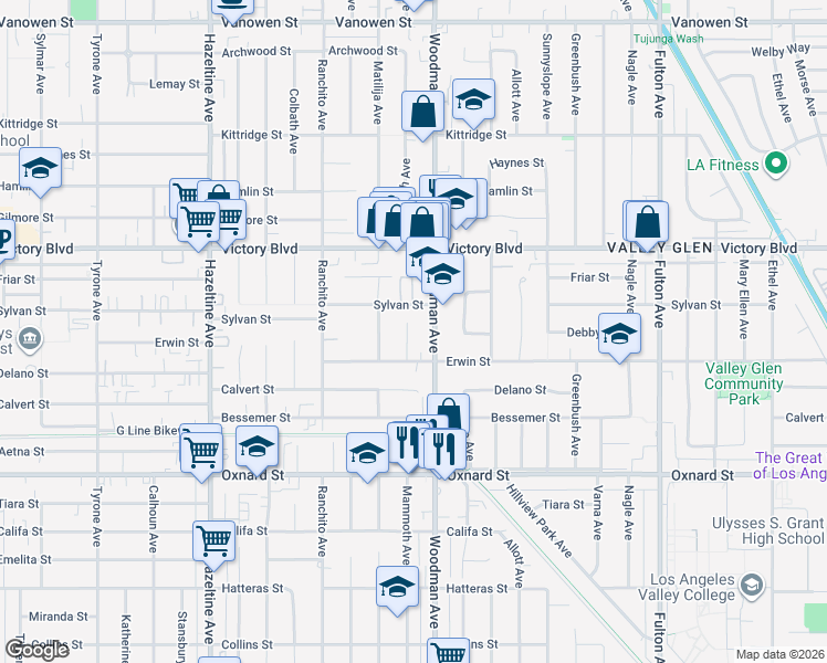 map of restaurants, bars, coffee shops, grocery stores, and more near 6232 Mammoth Avenue in Los Angeles