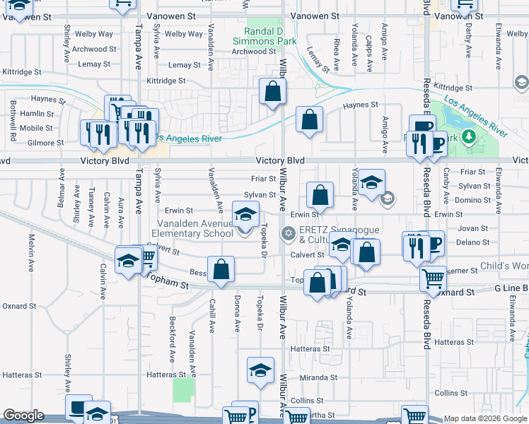 map of restaurants, bars, coffee shops, grocery stores, and more near 18930 Erwin Street in Los Angeles