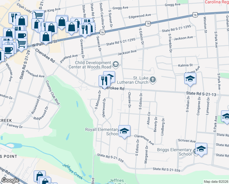 map of restaurants, bars, coffee shops, grocery stores, and more near 1402 Cherokee Road in Florence