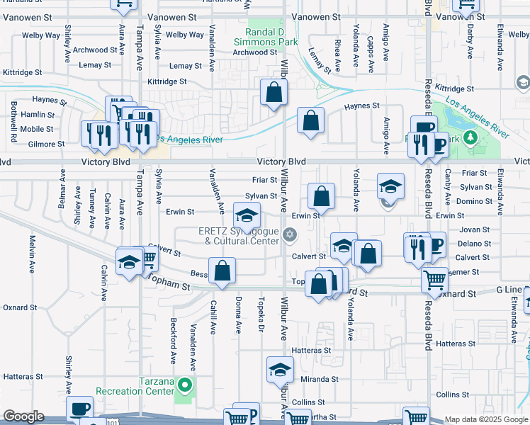 map of restaurants, bars, coffee shops, grocery stores, and more near 18930 Erwin Street in Los Angeles