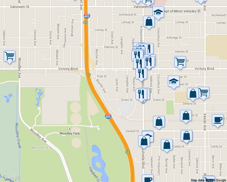 map of restaurants, bars, coffee shops, grocery stores, and more near 6233 Orion Avenue in Los Angeles
