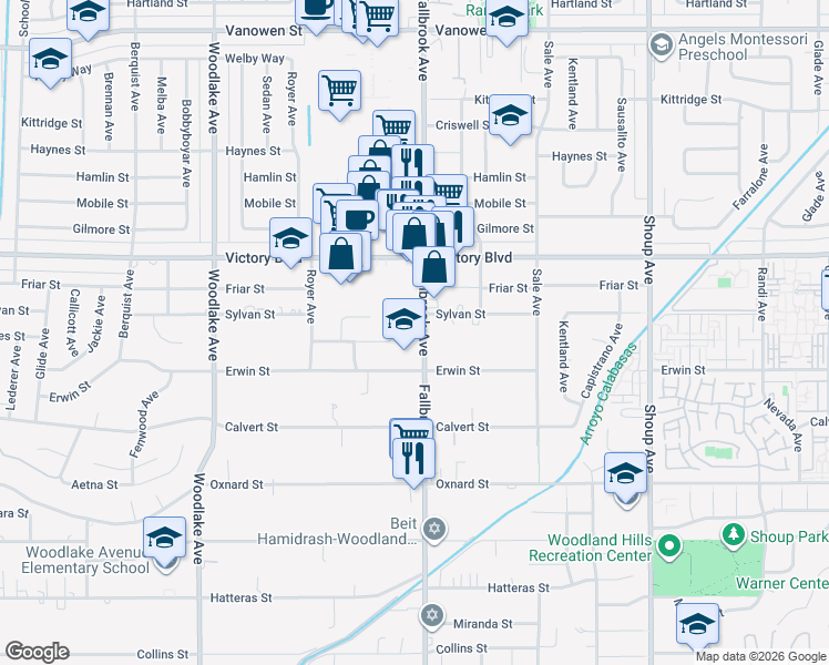 map of restaurants, bars, coffee shops, grocery stores, and more near 6243 Fallbrook Avenue in Los Angeles
