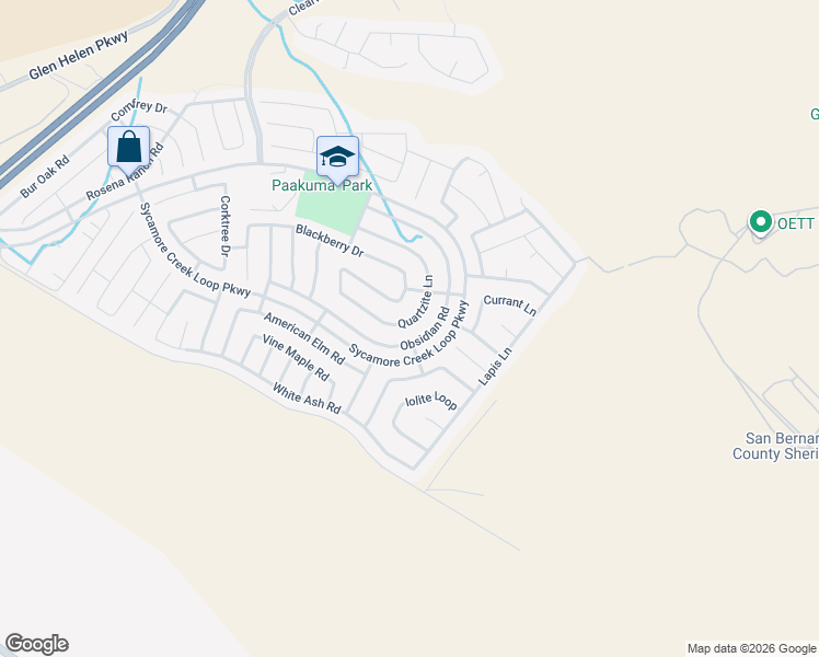 map of restaurants, bars, coffee shops, grocery stores, and more near 3910 Obsidian Road in San Bernardino