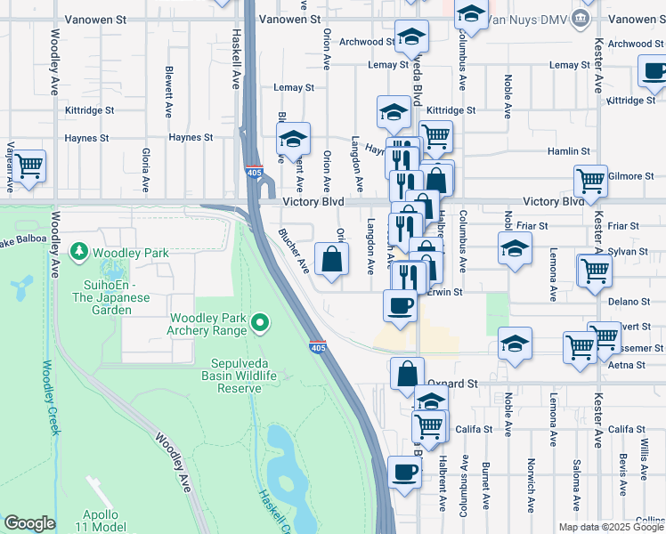map of restaurants, bars, coffee shops, grocery stores, and more near 6233 Orion Avenue in Los Angeles