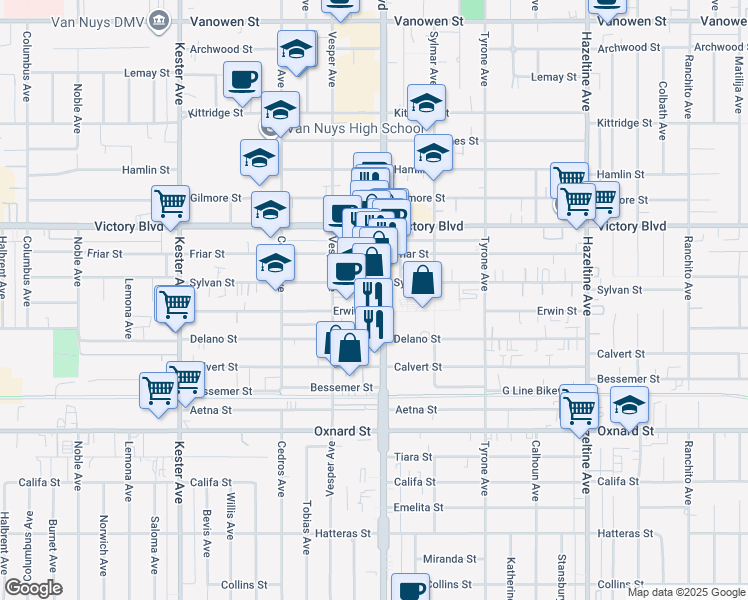 map of restaurants, bars, coffee shops, grocery stores, and more near 6235 Van Nuys Boulevard in Los Angeles