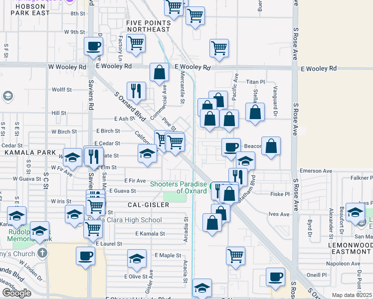 map of restaurants, bars, coffee shops, grocery stores, and more near 1650 South Oxnard Boulevard in Oxnard