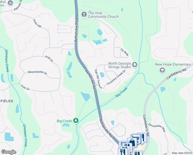 map of restaurants, bars, coffee shops, grocery stores, and more near 5145 Oak Hill Terrace in Cumming