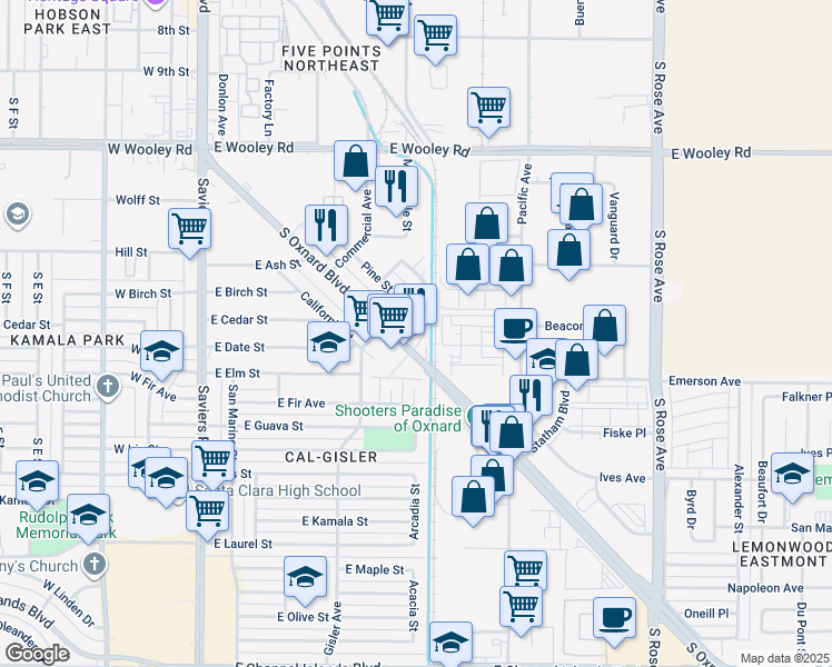 map of restaurants, bars, coffee shops, grocery stores, and more near 1650 South Oxnard Boulevard in Oxnard