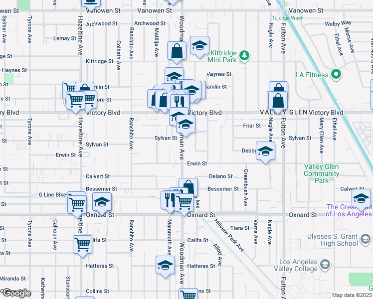 map of restaurants, bars, coffee shops, grocery stores, and more near 6210 Woodman Avenue in Los Angeles