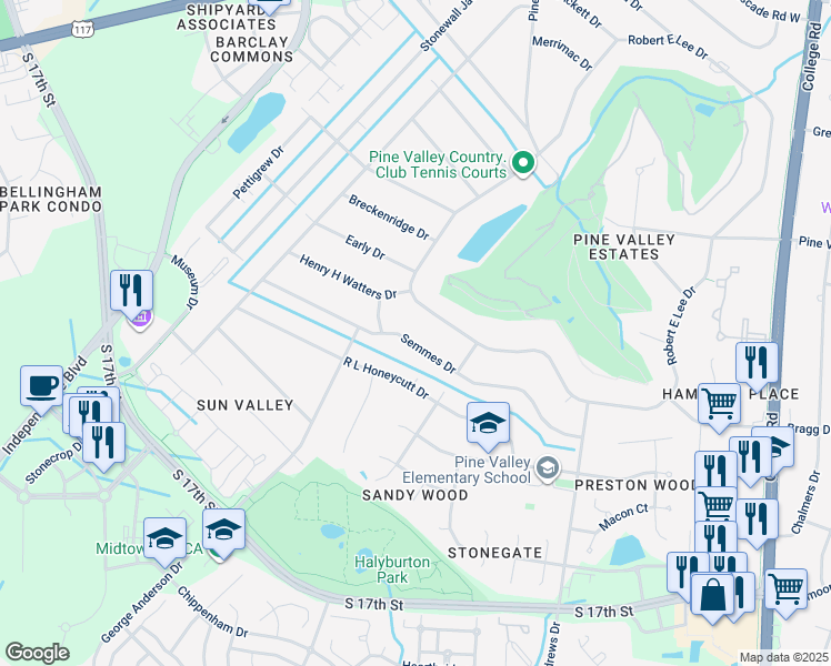 map of restaurants, bars, coffee shops, grocery stores, and more near 373 Semmes Drive in Wilmington