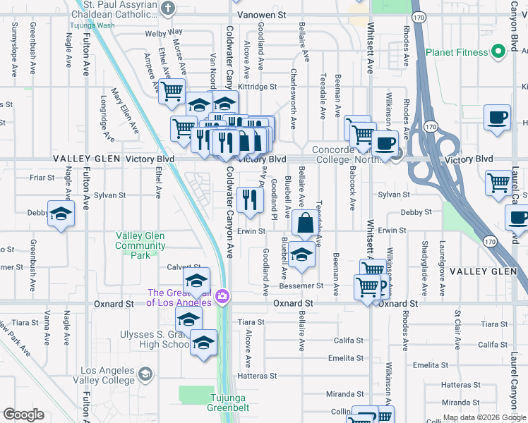 map of restaurants, bars, coffee shops, grocery stores, and more near 6215 Goodland Place in Los Angeles