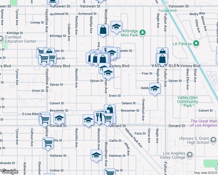 map of restaurants, bars, coffee shops, grocery stores, and more near 6234 Woodman Avenue in Los Angeles