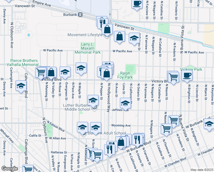 map of restaurants, bars, coffee shops, grocery stores, and more near 1935 North Hollywood Way in Burbank