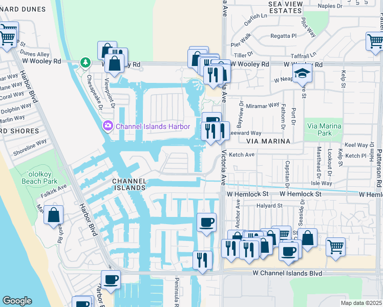 map of restaurants, bars, coffee shops, grocery stores, and more near 1702 Aleutian Way in Oxnard